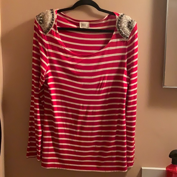 Unique red and white striped women’s top with beautiful silver beaded shoulders - Picture 1 of 3